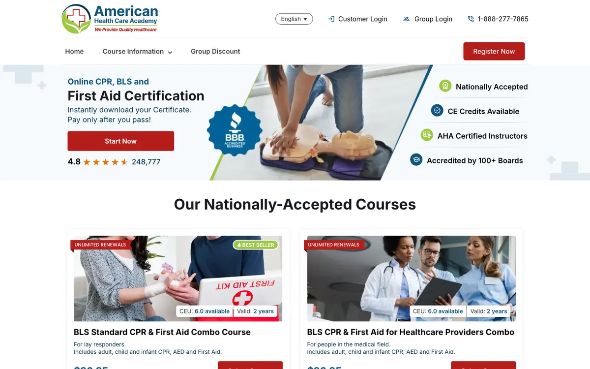 American Health Care Academy (cpraedcourse.com) official site — homepage