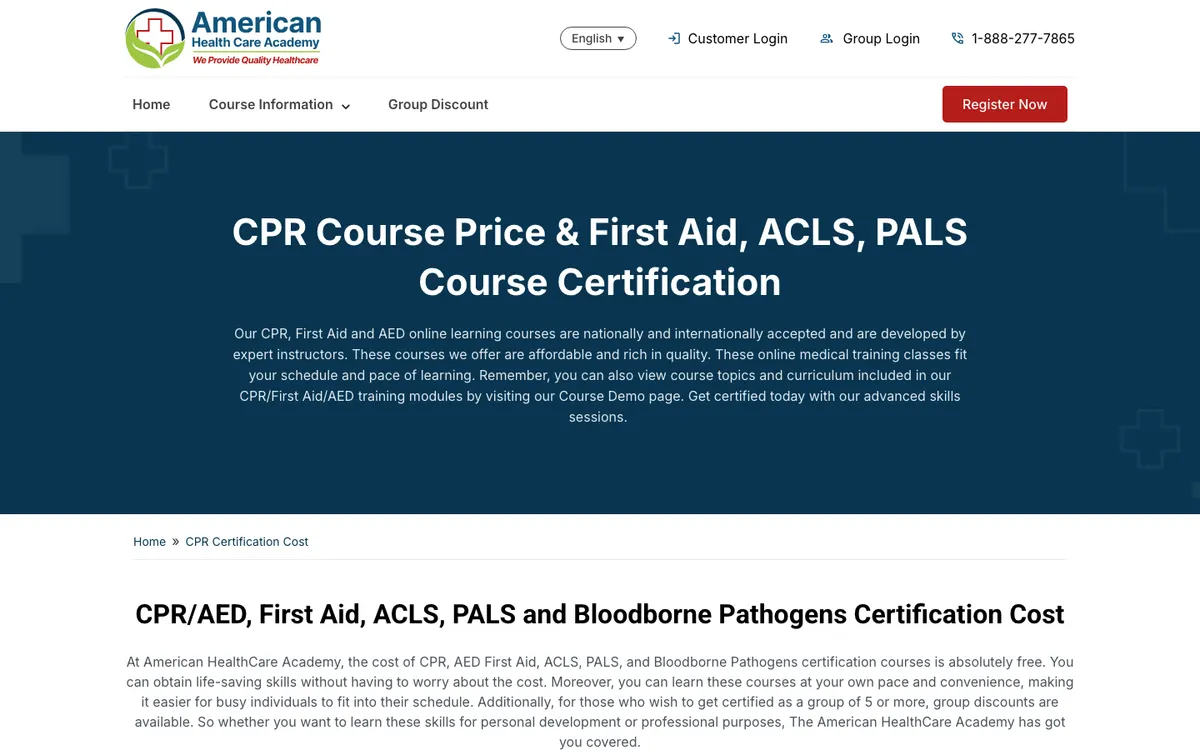 American Health Care Academy (cpraedcourse.com) official site — pricing page