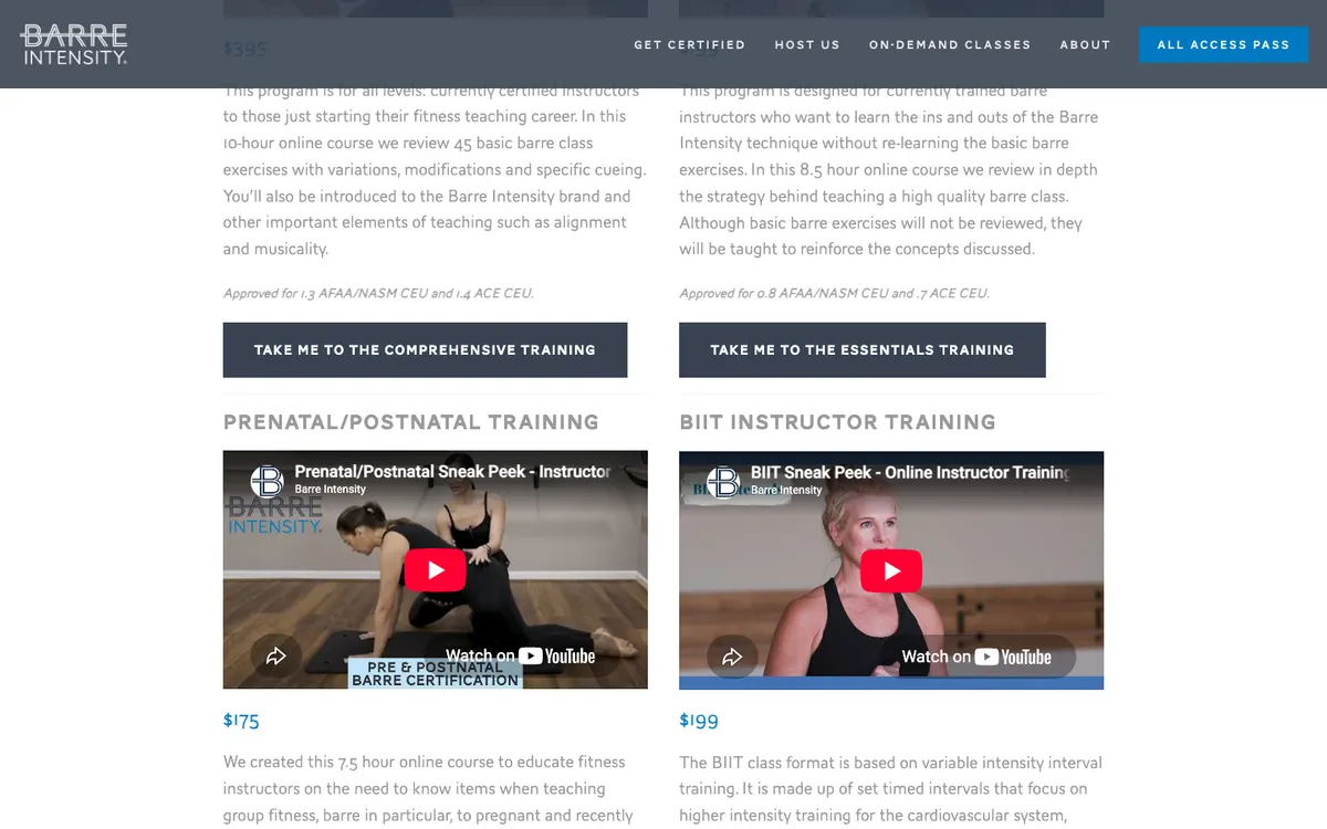 Barre Intensity official site — program page (scrolled)