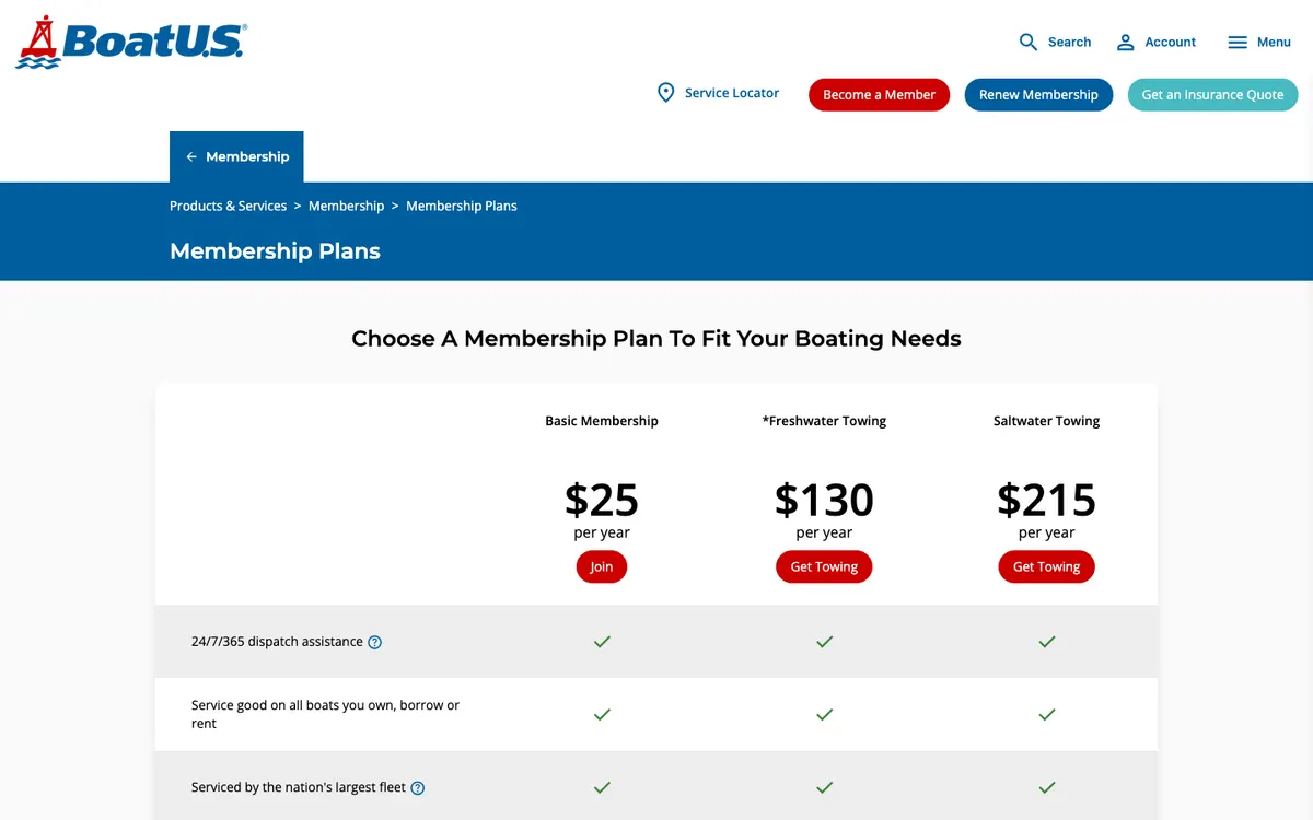 BoatUS official site — pricing page