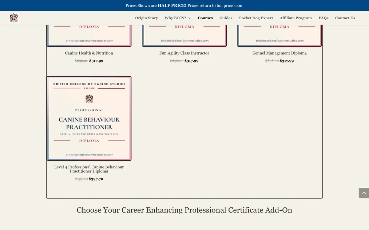 British College of Canine Studies official site — program page (scrolled)