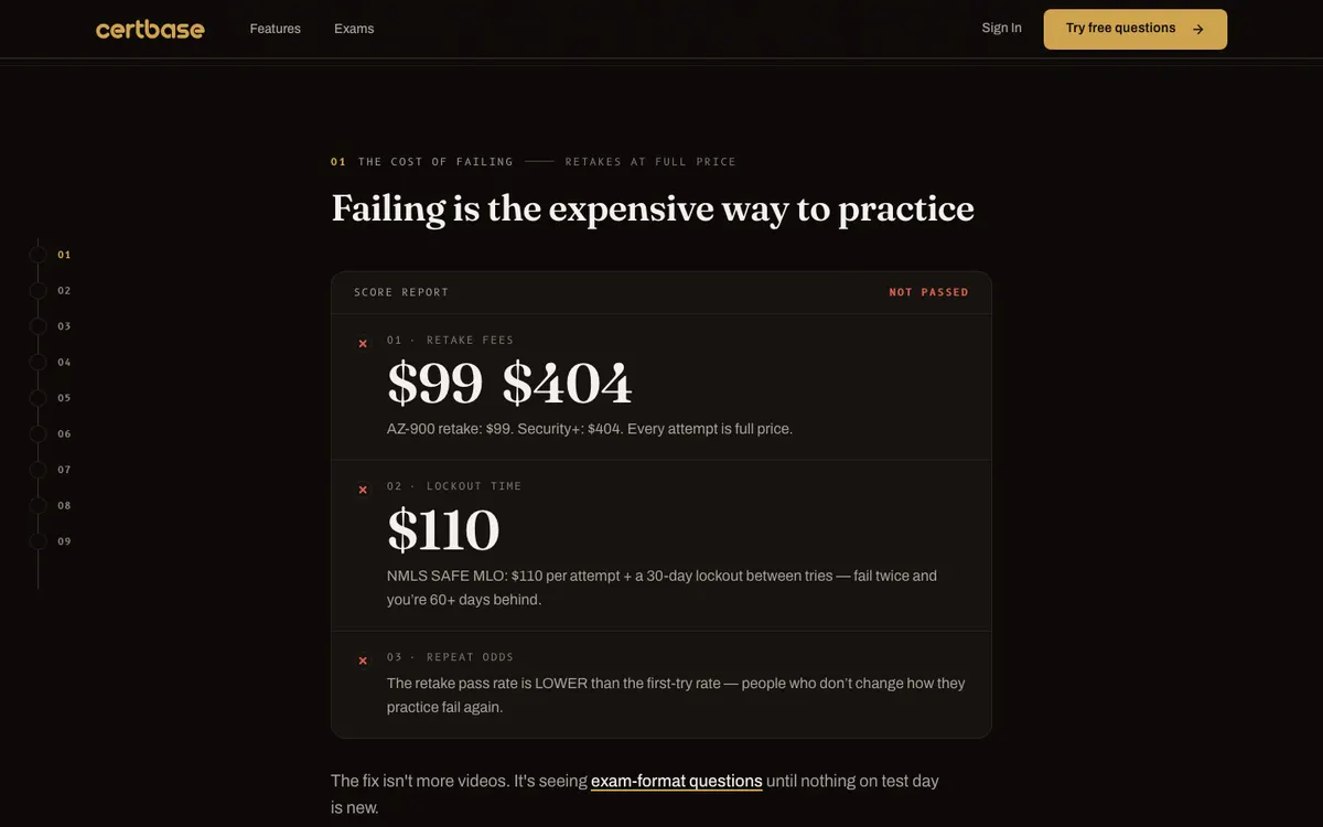 CertBase official site — homepage (scrolled)