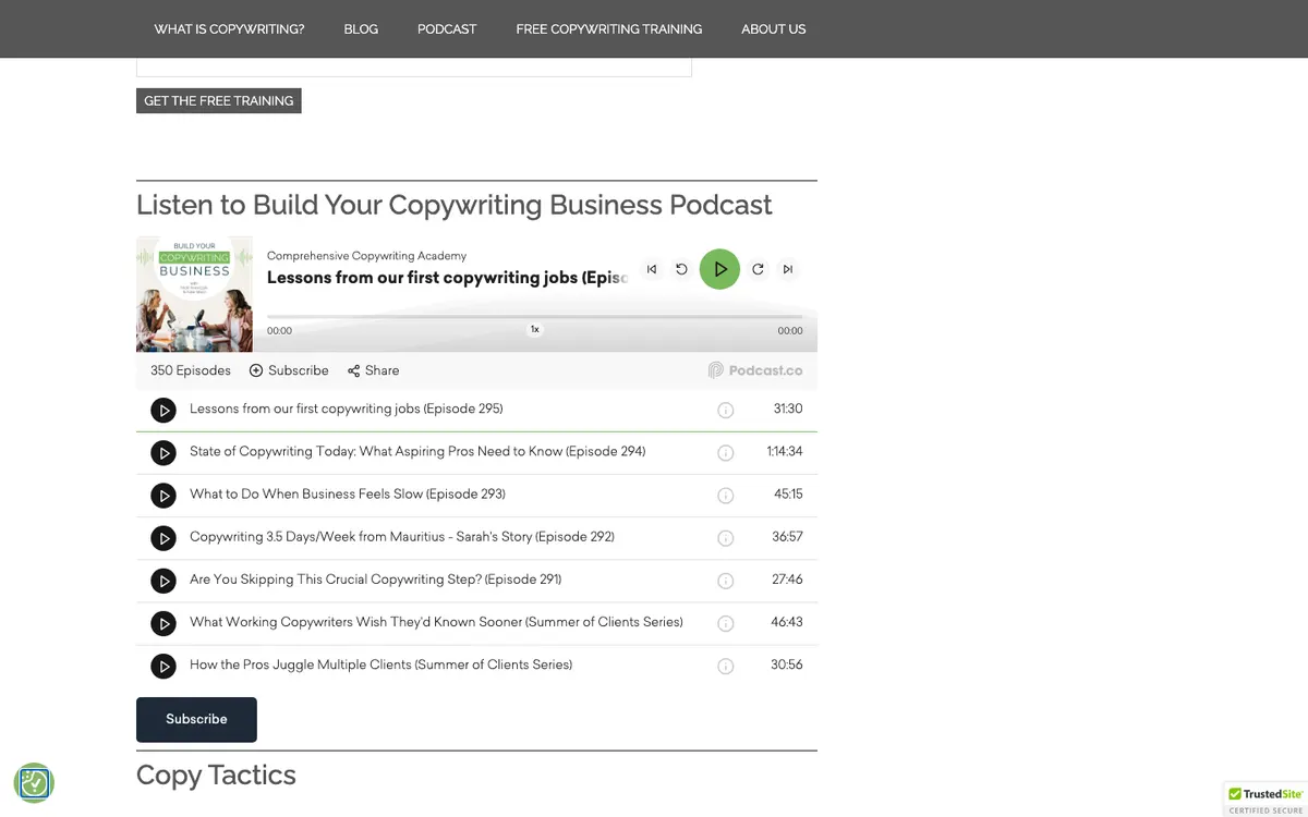 Comprehensive Copywriting Academy (Filthy Rich Writer) official site — homepage (scrolled)