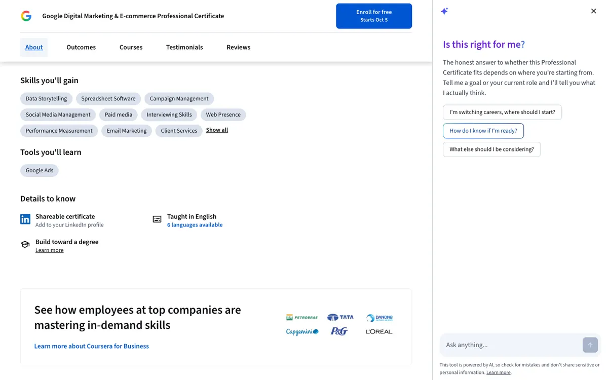 Coursera (Google Digital Marketing & E-commerce) official site — program page (scrolled)