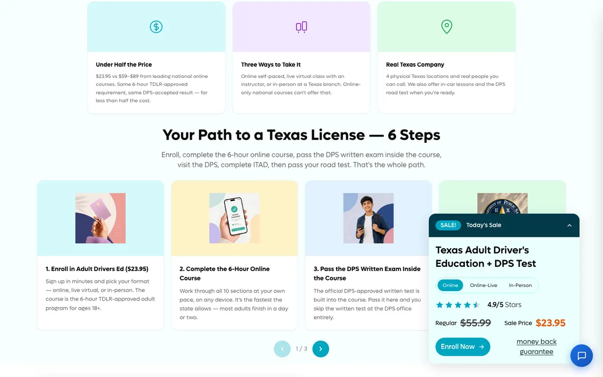Drive Safe Driving School (Texas) official site — program page (scrolled)
