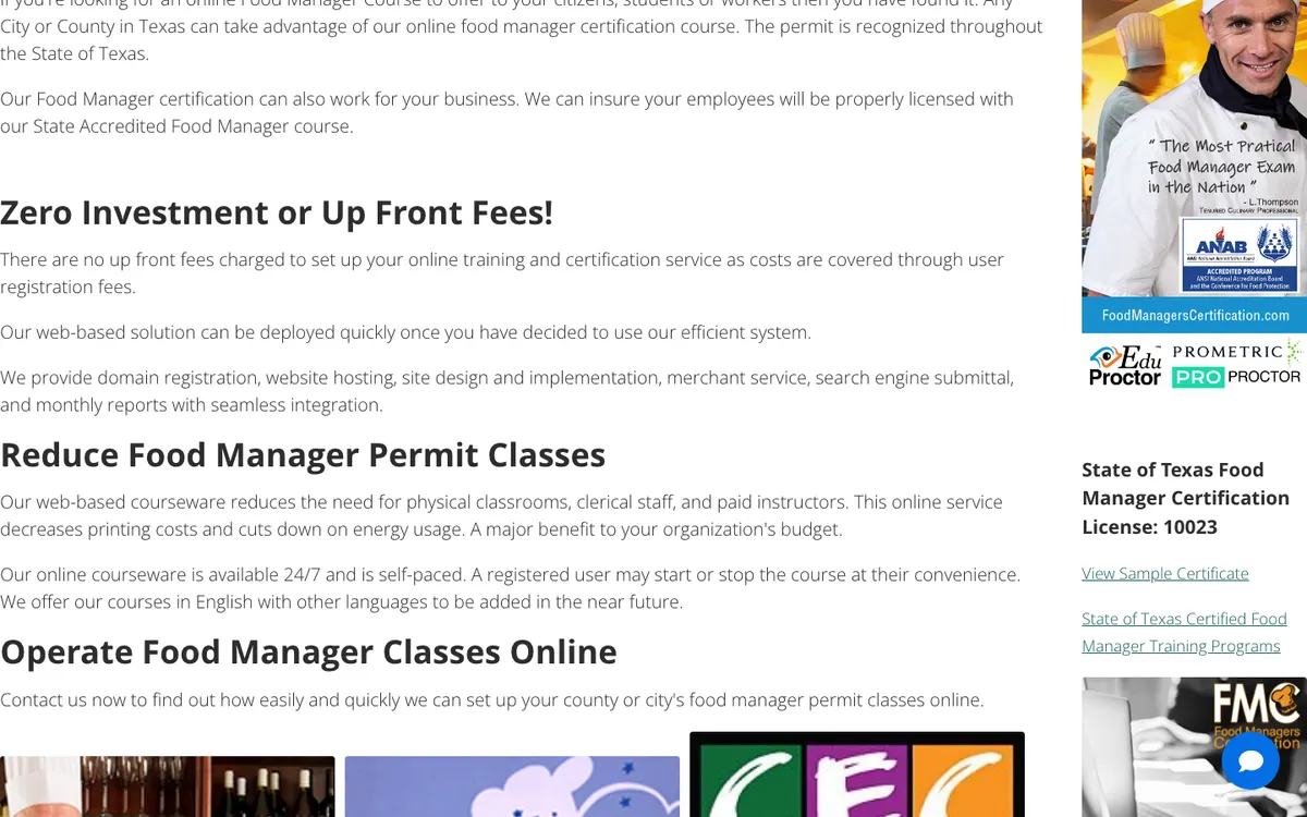 EduClasses (Food Manager Classes) official site — homepage (scrolled)