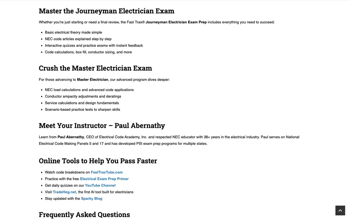Electrical Code Academy (Fast Trax) official site — homepage (scrolled)