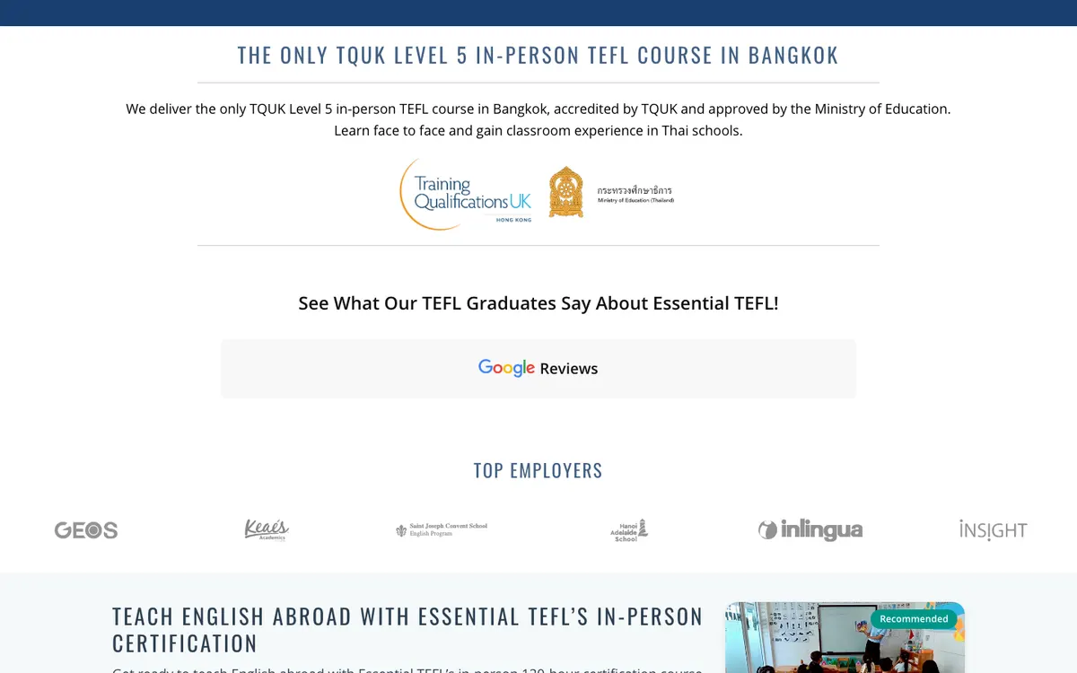 Essential TEFL (Bangkok) official site — homepage (scrolled)