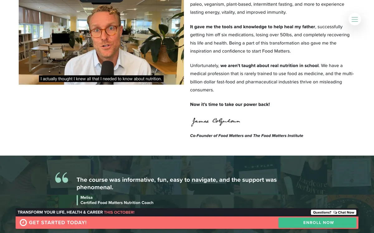 Food Matters Institute official site — program page (scrolled)