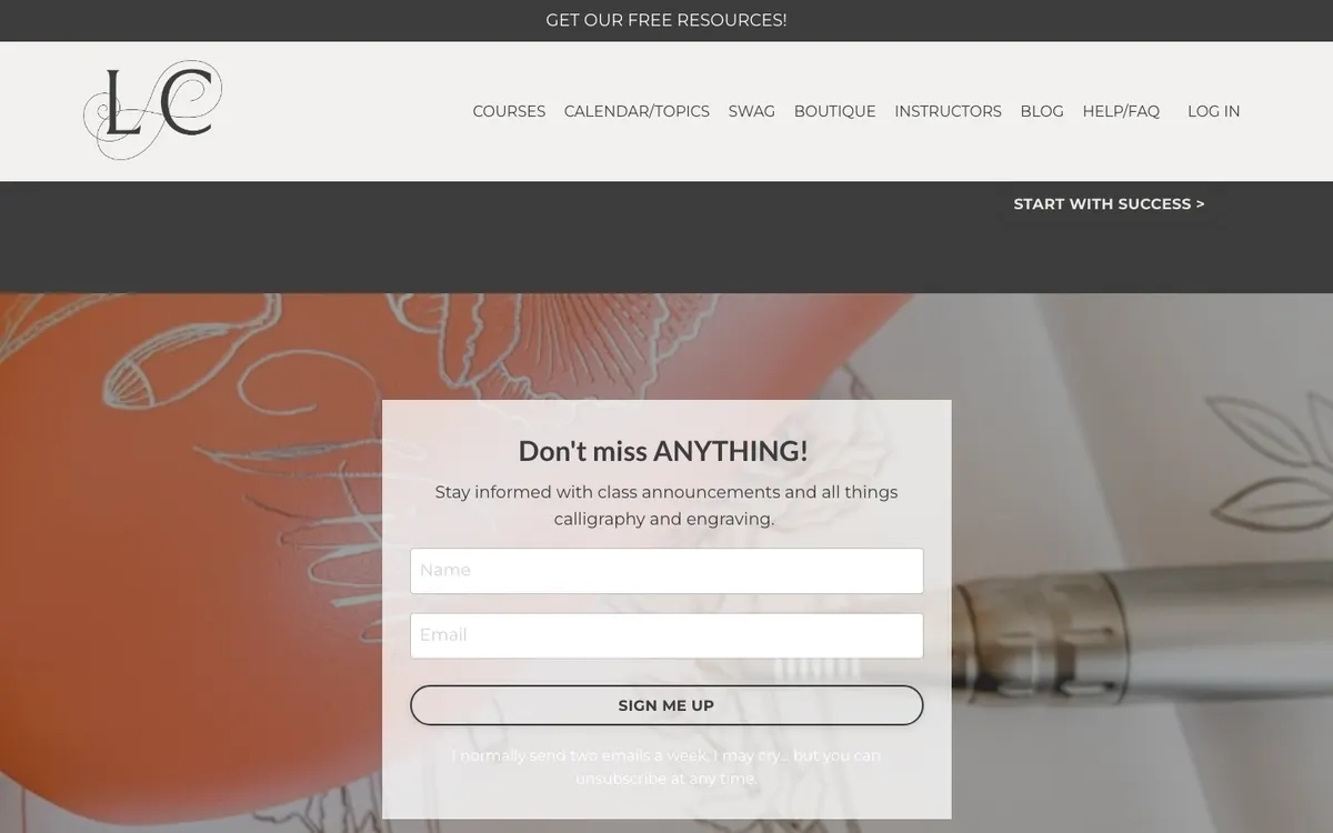 LearnCalligraphy.com official site — homepage (scrolled)