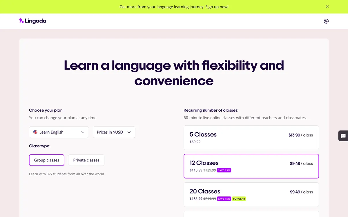 Lingoda official site — pricing page