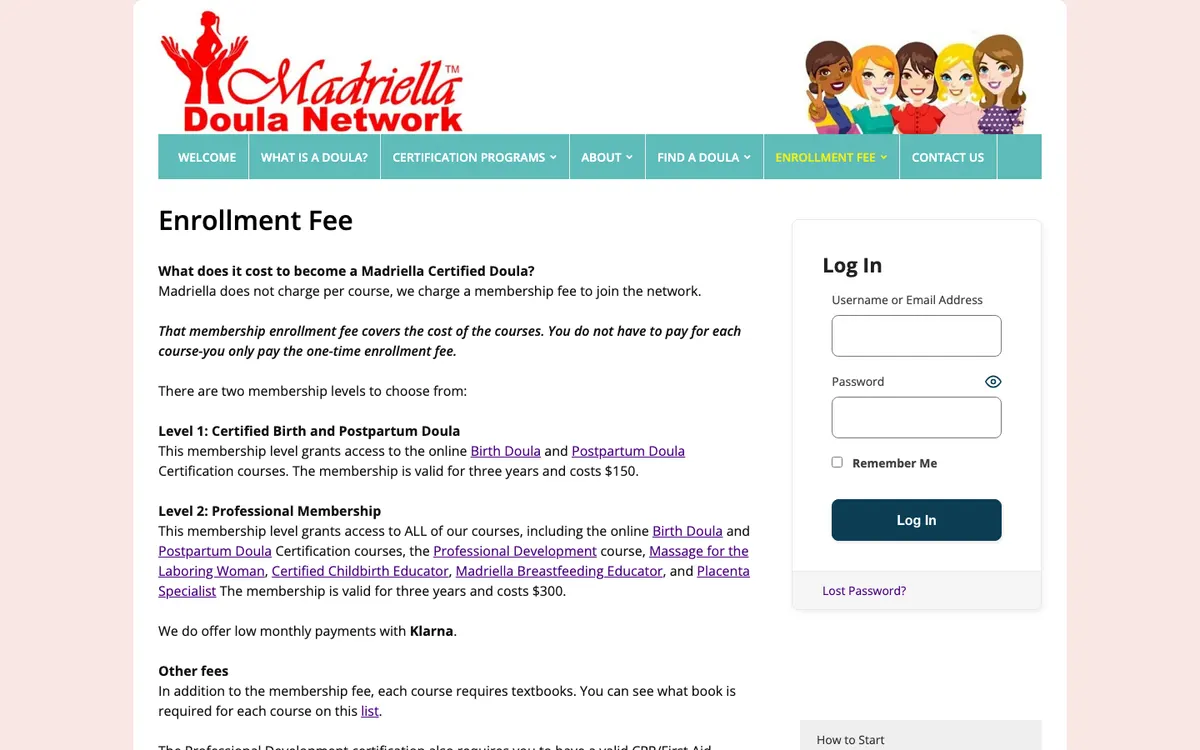 Madriella Doula Network official site — pricing page