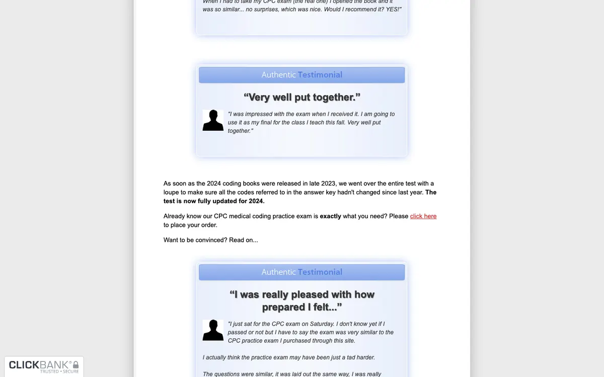 MedicalBillingAndMedicalCoding.com (CPC practice exam) official site — program page (scrolled)