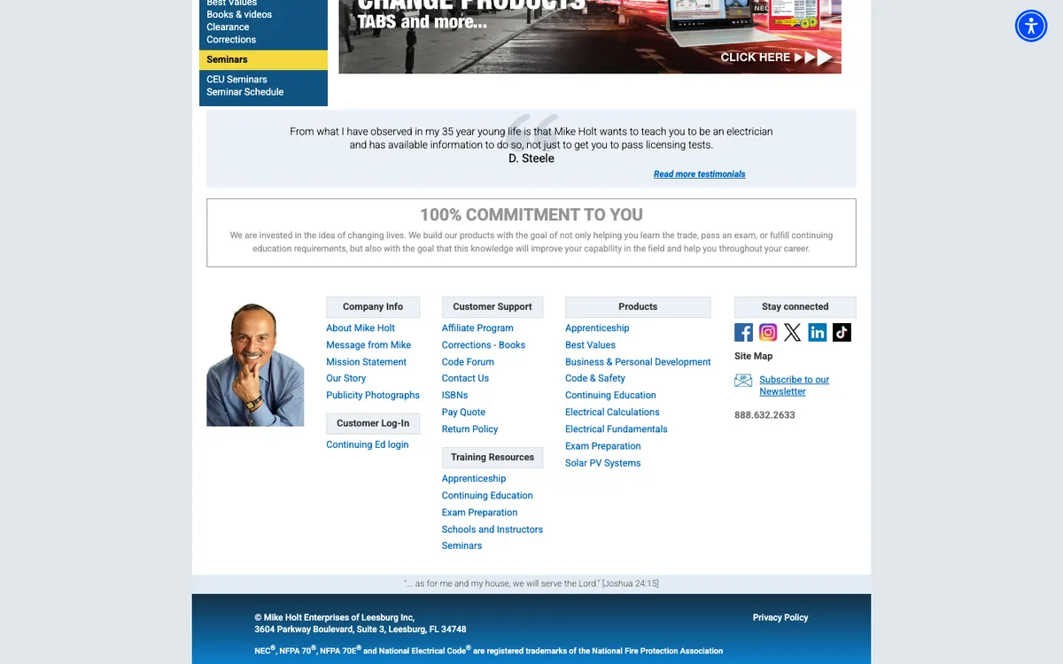 Mike Holt Enterprises official site — homepage (scrolled)