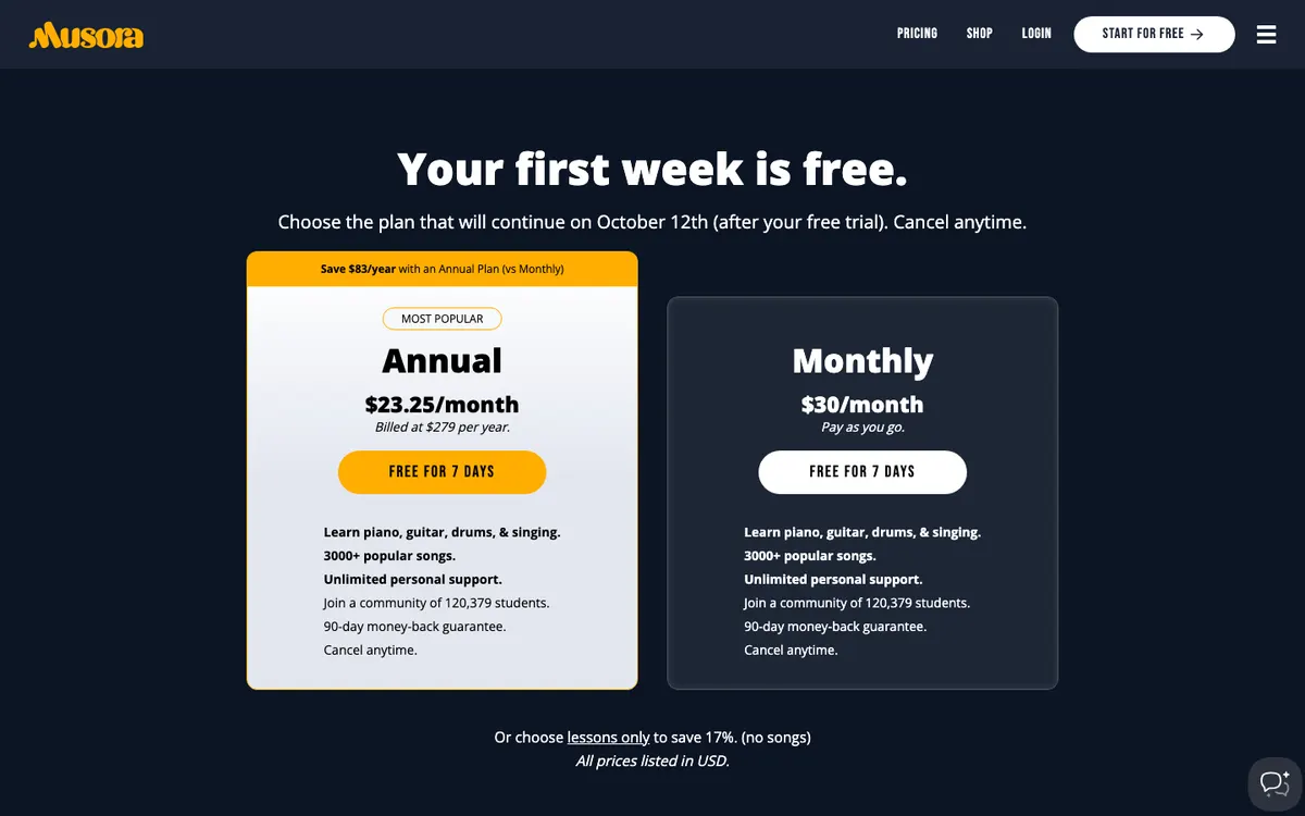Musora (Pianote, Guitareo, Singeo, Drumeo) official site — pricing page