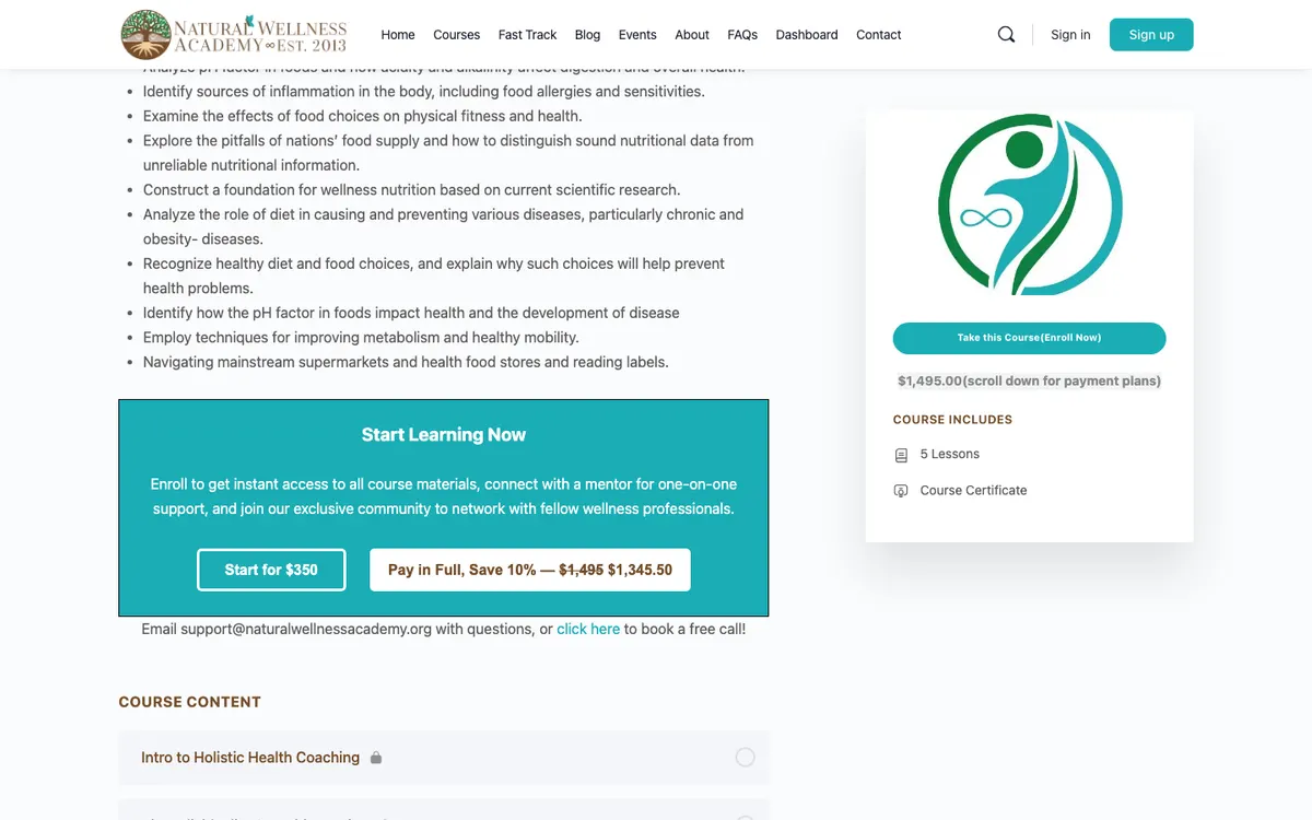 Natural Wellness Academy official site — program page (scrolled)