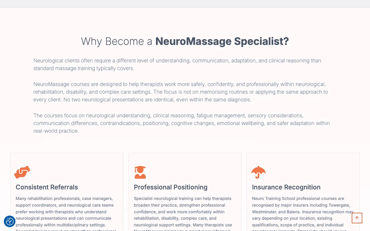 Neuro Massage Training School official site — program page (scrolled)