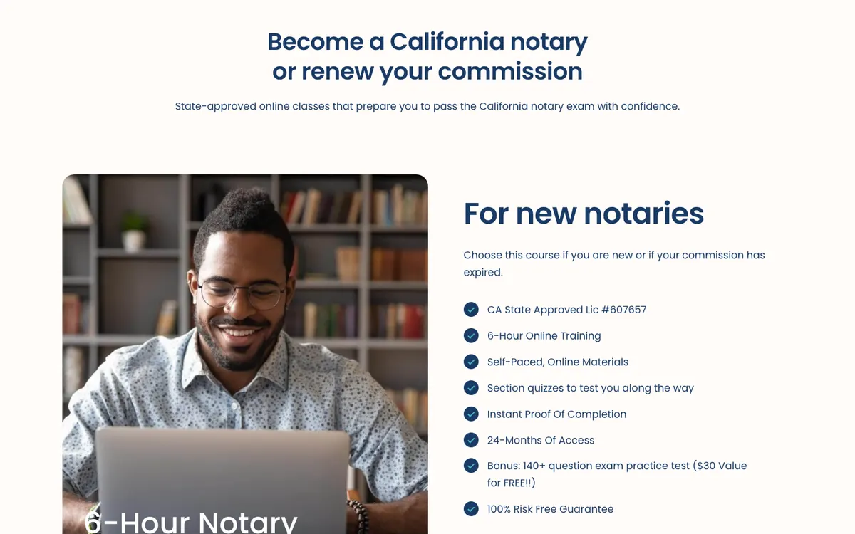 Notary Course Online (Californie) official site — homepage (scrolled)