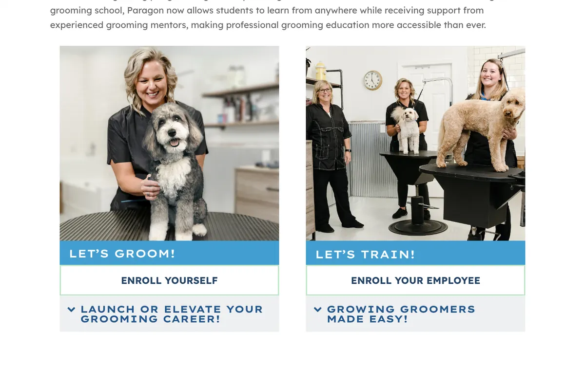 Paragon School of Pet Grooming official site — homepage (scrolled)