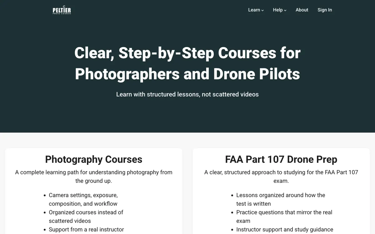 Peltier Photo Courses official site — homepage