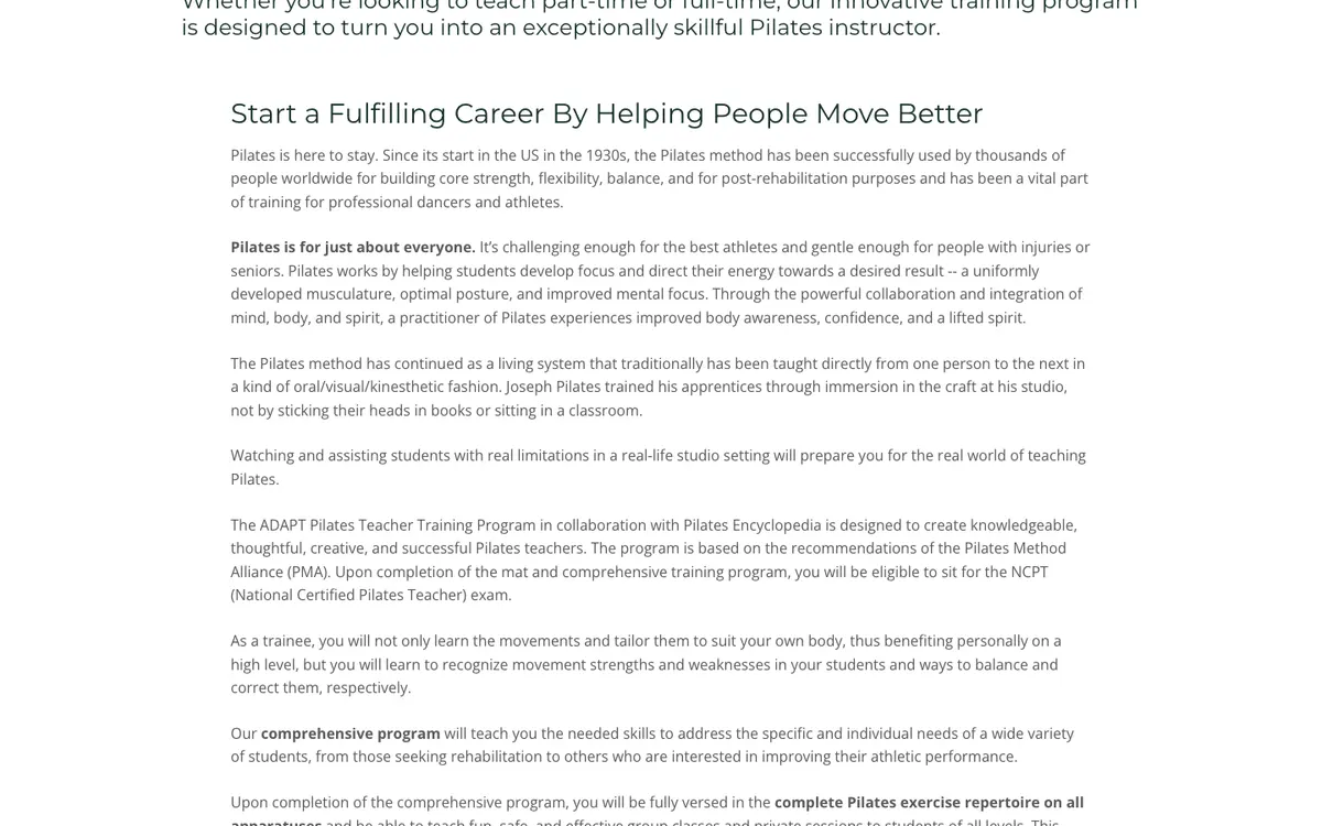 Pilates Encyclopedia official site — program page (scrolled)