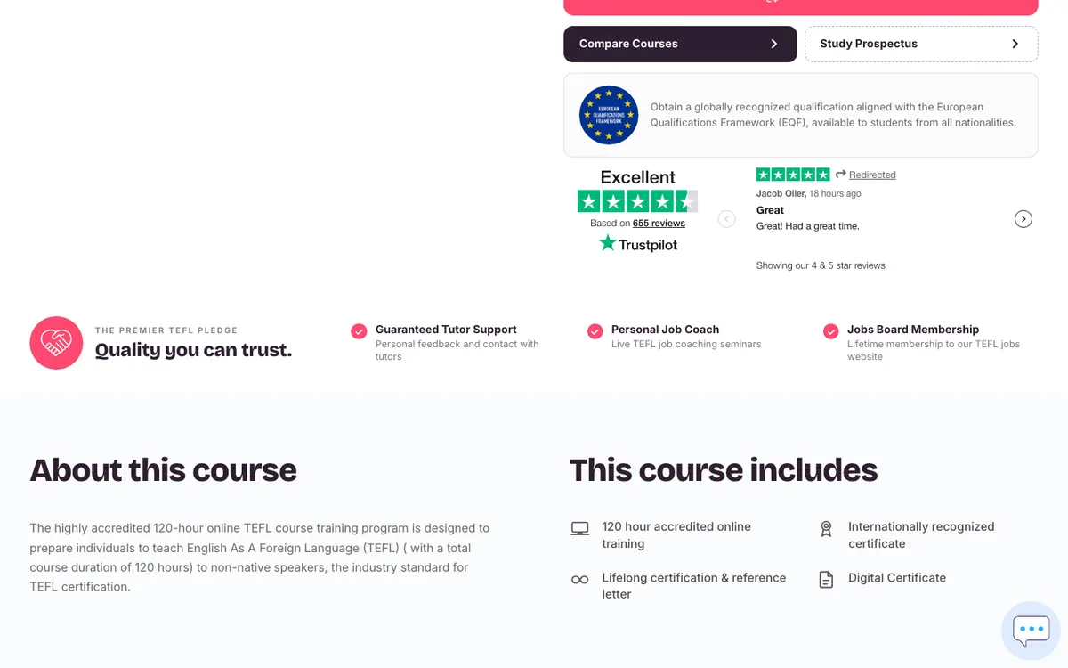 Premier TEFL official site — program page (scrolled)