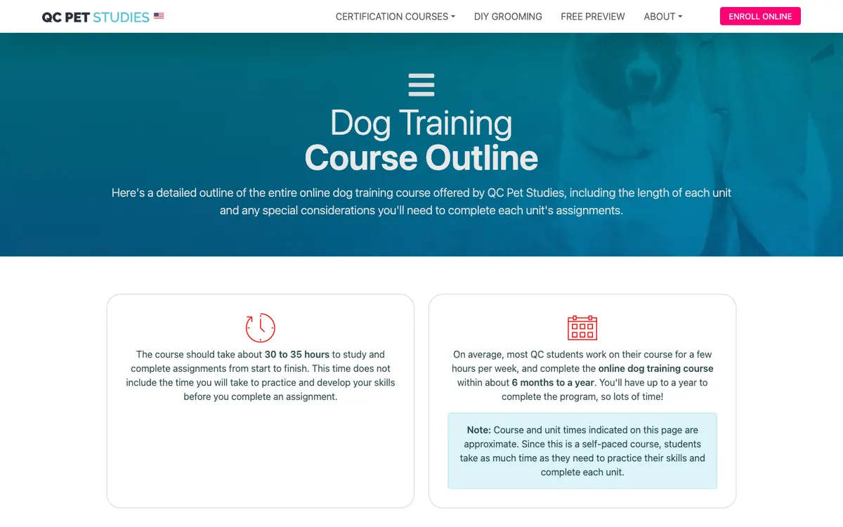 QC Pet Studies (QC Career School) official site — curriculum page