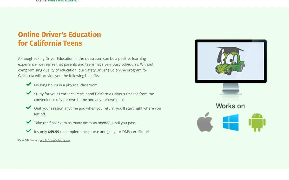 Safety Driver's Ed official site — homepage (scrolled)