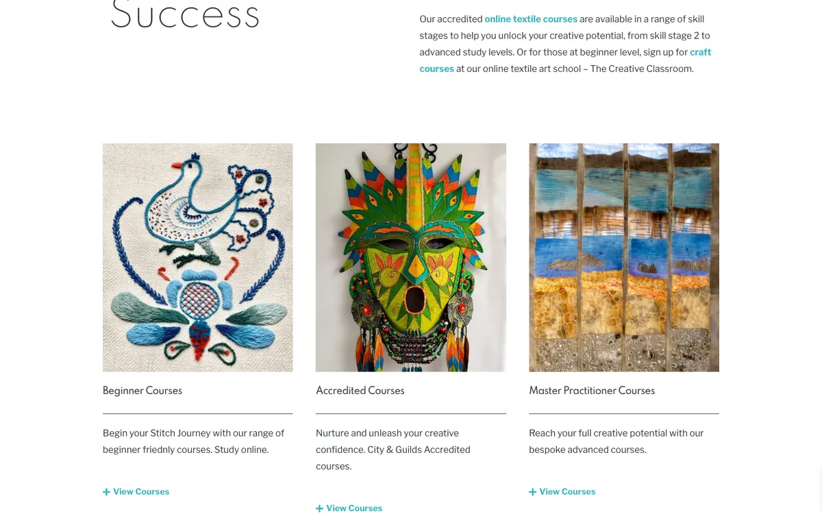School of Stitched Textiles official site — homepage (scrolled)