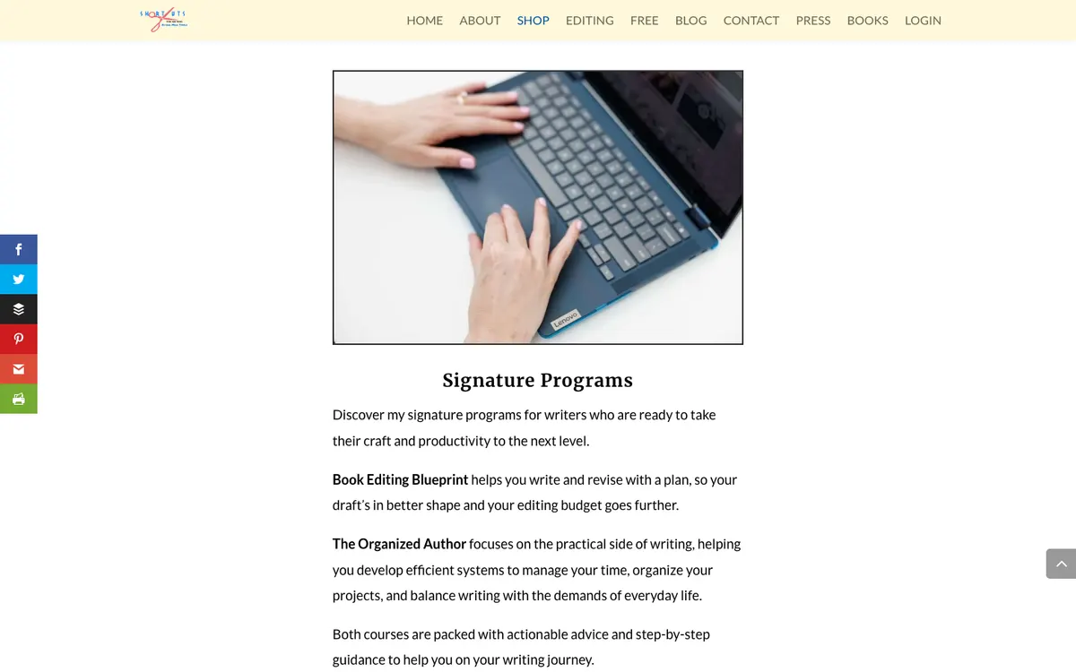 Shortcuts For Writers official site — program page (scrolled)