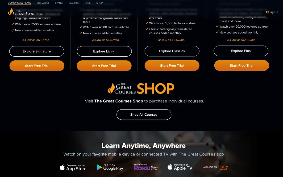 The Great Courses / Wondrium official site — homepage (scrolled)
