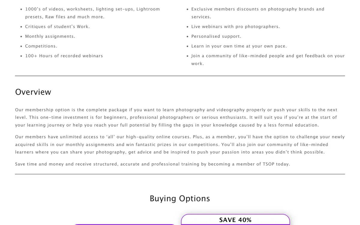 The School of Photography official site — program page (scrolled)