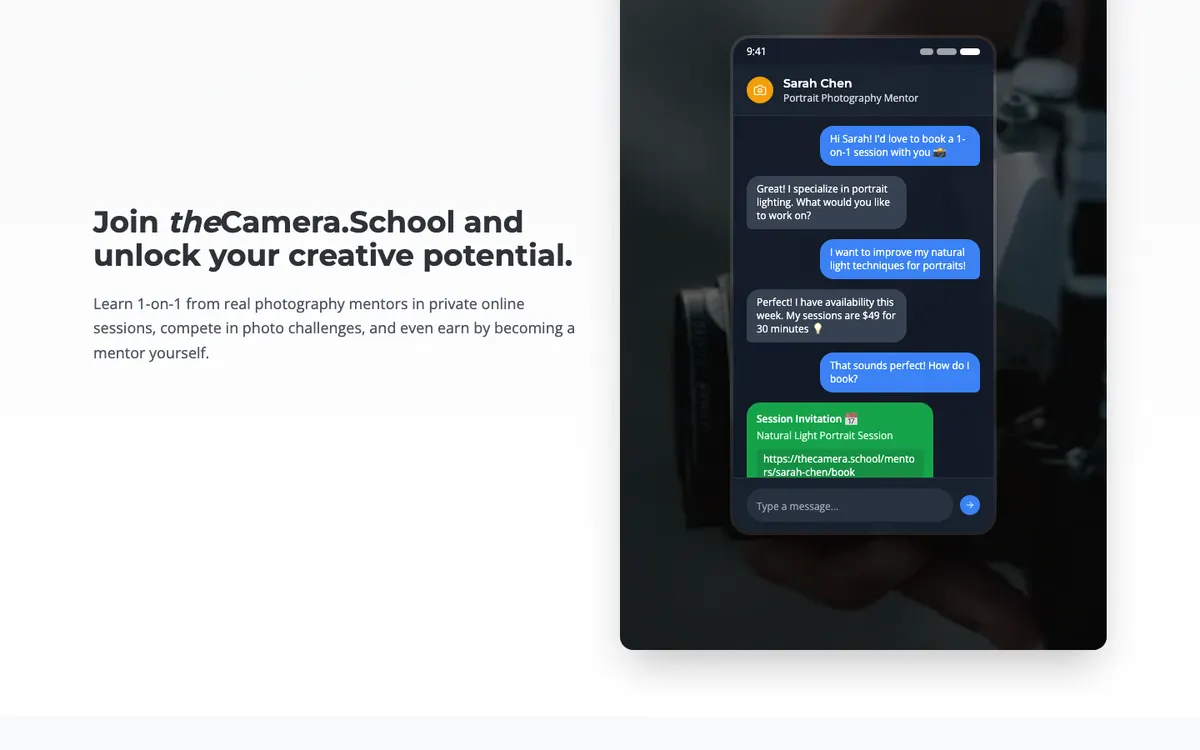 theCamera.school official site — homepage (scrolled)