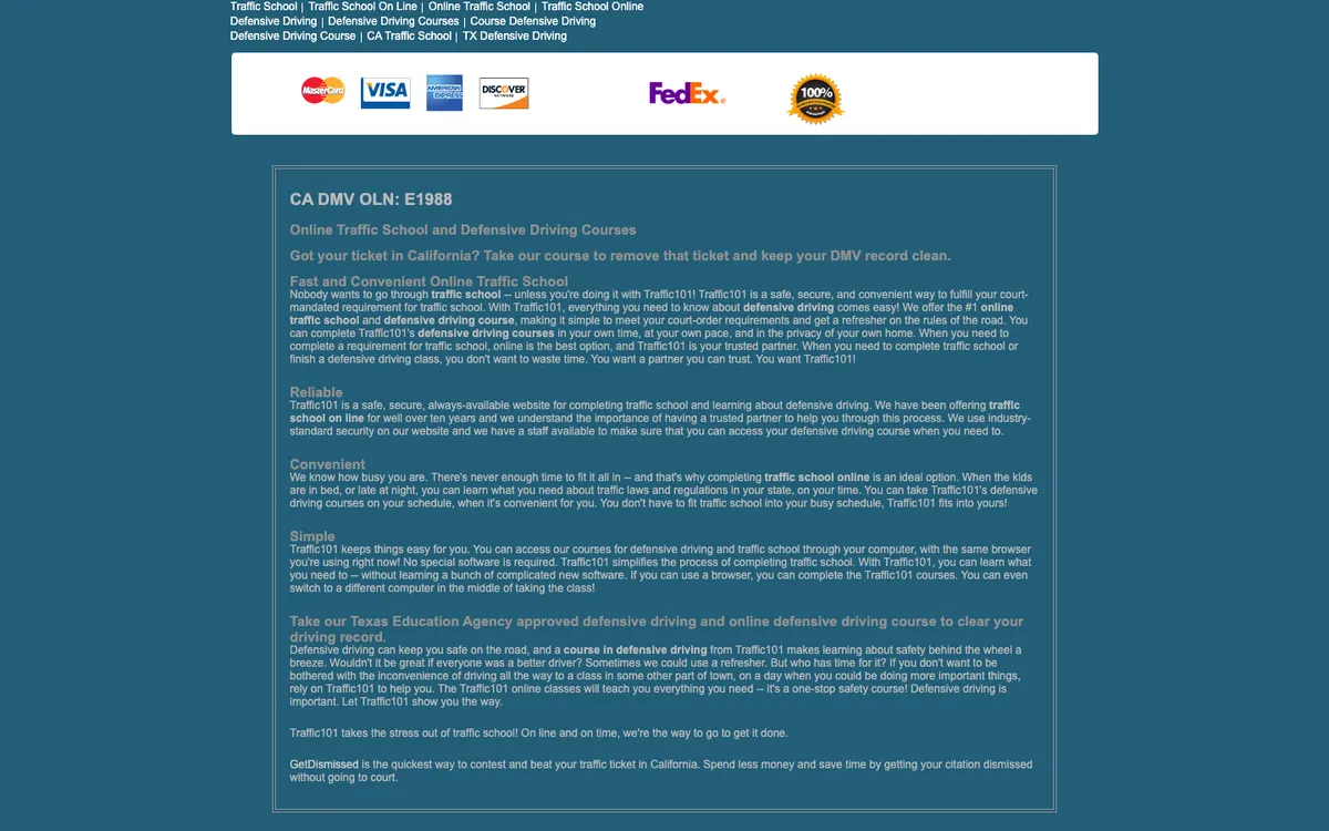 Traffic101.com (Traffic School 101) official site — homepage (scrolled)