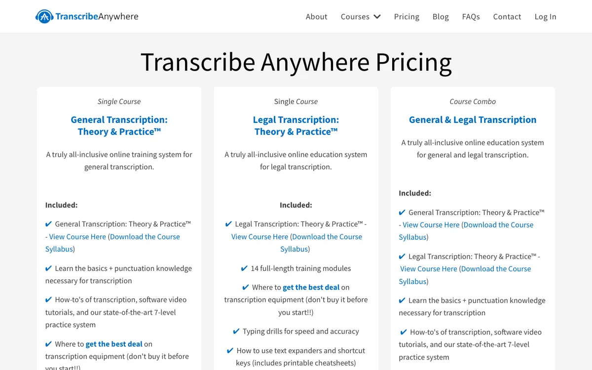 Transcribe Anywhere official site — pricing page