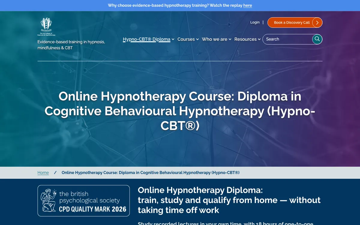 UK College of Hypnosis & Hypnotherapy (Hypno-CBT) official site — program page