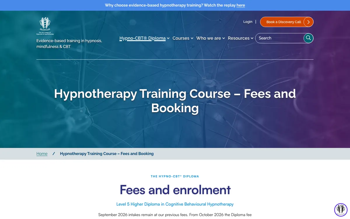 UK College of Hypnosis & Hypnotherapy (Hypno-CBT) official site — pricing page