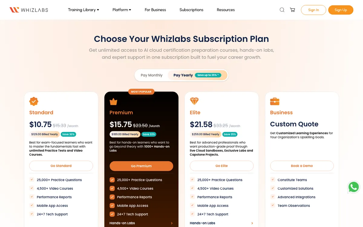 Whizlabs official site — pricing page