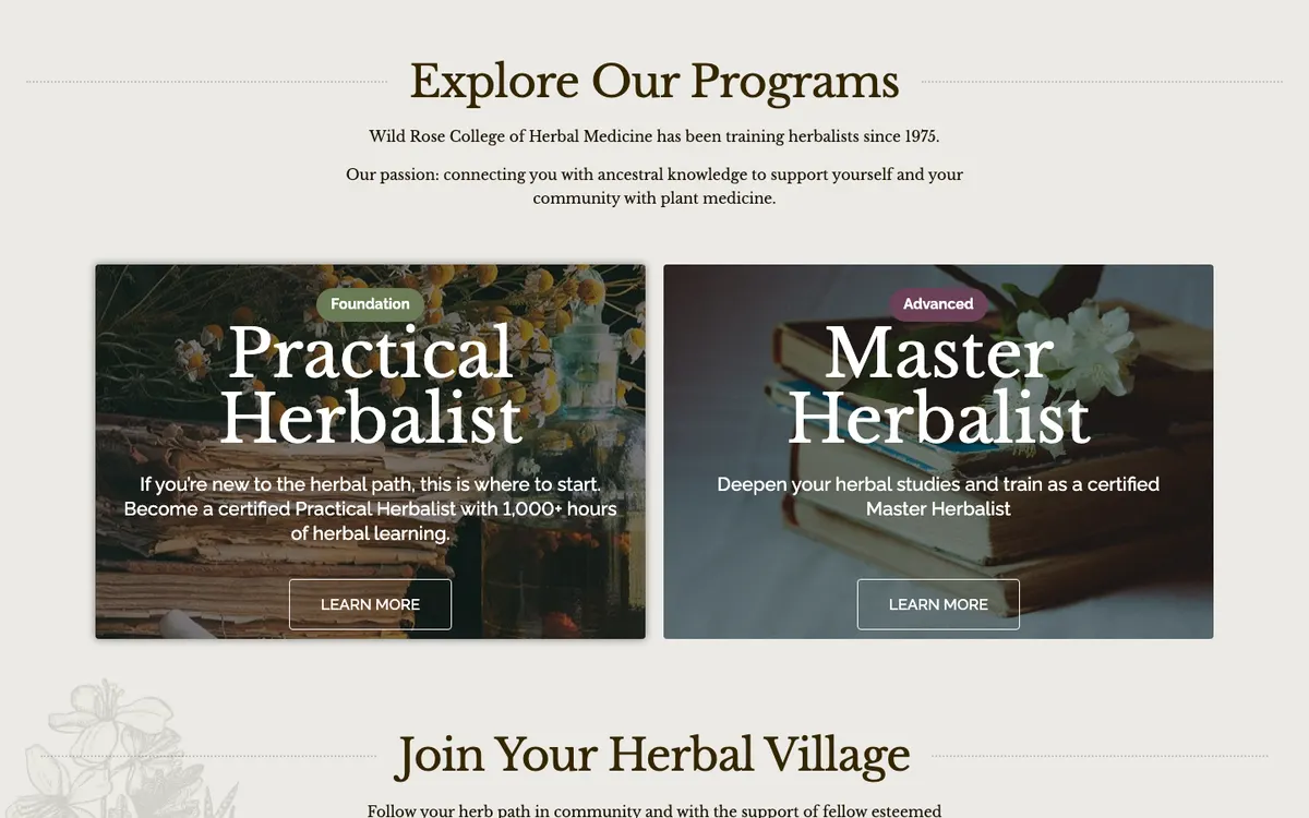 Wild Rose College of Herbal Medicine official site — homepage (scrolled)